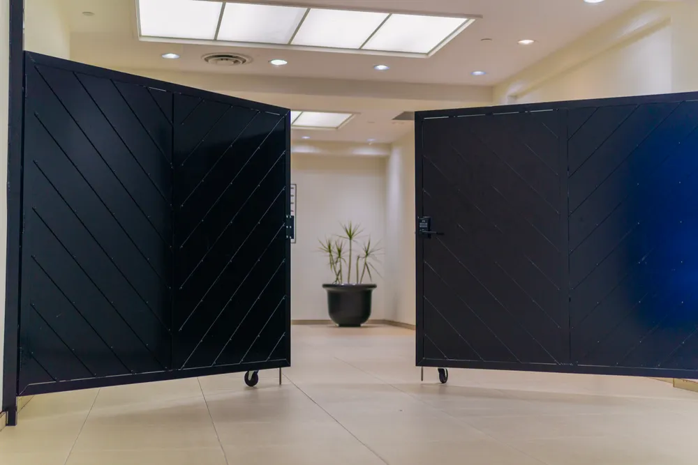 Black security gates in a lobby