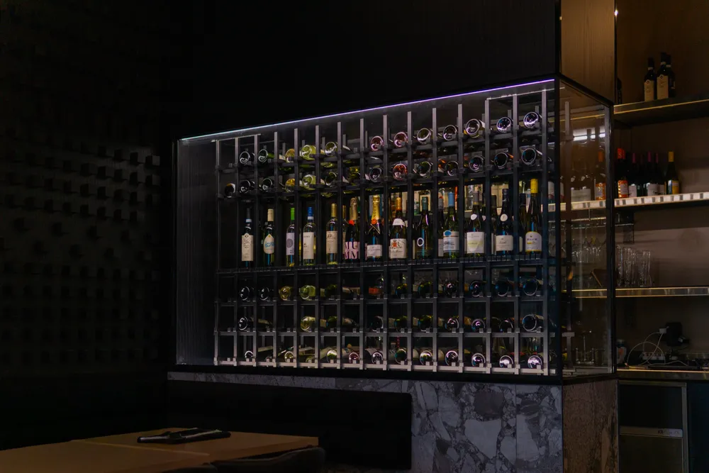 Custom steel wine rack in a restaurant