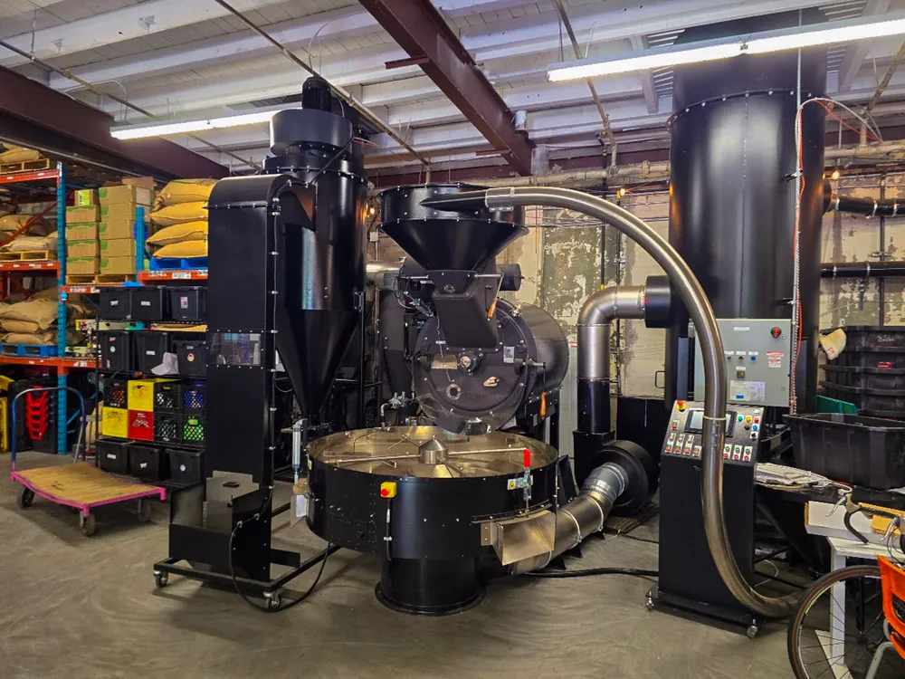 Stainless roaster in a coffee roasting shop